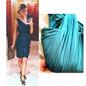 Dark teal one shoulder Grecian style formal dress